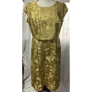 Vintage 50s Hand Sewn Two-Piece Gold Floral Pattern Wiggle Dress W/ Belt & Hat